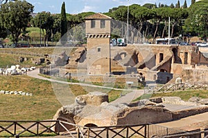 Amazing panoramic view of Circus Maximus and Palatine Hill in city of Rome, Italy