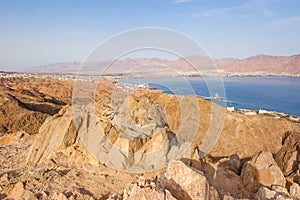 Amazing panoramic view on Eilat cityscape, Red Sea and Jordan from Mountain or Har Cfachot in Eilat ,Israel