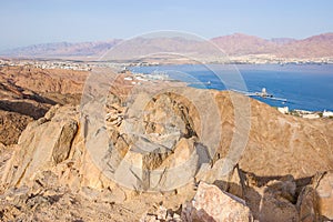 Amazing panoramic view on Eilat cityscape, Red Sea and Jordan from Mountain or Har Cfachot in Eilat ,Israel