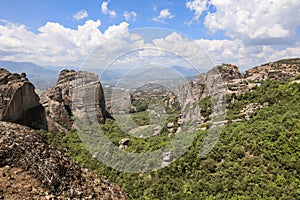 Amazing panoramic view of the Meteora valley in Kalabaka, Trikala, Thessaly, Greece.