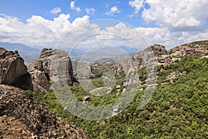 Amazing panoramic view of the Meteora valley in Kalabaka, Trikala, Thessaly, Greece. photo