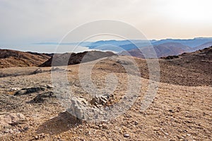 Amazing panoramic view on Red Sea coastline, Egypt, Sinai from Mountain or Har Cfachot in Eilat ,Israel