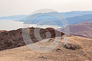 Amazing panoramic view on Red Sea coastline, Egypt, Sinai from Mountain or Har Cfachot in Eilat ,Israel