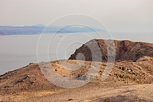 Amazing panoramic view on Red Sea, Jordan, Saudi Arabia from Mountain or Har Cfachot in Eilat ,Israel