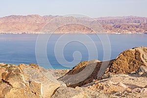 Amazing panoramic view on Red Sea, Jordan, Saudi Arabia from Mountain or Har Cfachot in Eilat ,Israel