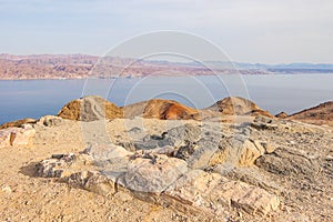 Amazing panoramic view on Red Sea, Jordan, Saudi Arabia from Mountain or Har Cfachot in Eilat ,Israel