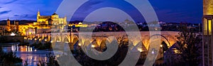 Amazing panoramic view of Roman bridge and Mezquita of Cordoba glowing in night