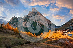 Amazing panoramic view on Sass de Stria mountain and Falzarego Pass. Dolomite Alps, South Tyrol, Italy at sunset photo