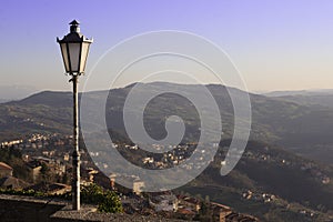 Amazing panoramic views from San Marino, Italy castle hill. Backgrounds photo