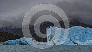 The amazing Perito Moreno glacier. A wall of cracked blue ice