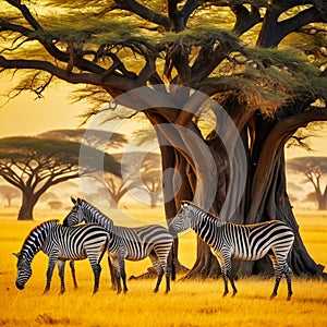An amazing photo of an African landscape of three zebras in Serengeti plains eating grass from the ground near a beautiful tree