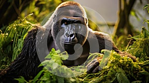 An amazing portrait of an endangered silverback mountain gorilla in wilderness. Generative AI