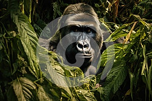 An amazing portrait of an endangered silverback mountain gorilla in wilderness. Generative AI