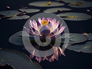 Amazing Purple water lily blooming on dark pond have yellow pollen in center with reflection in pond