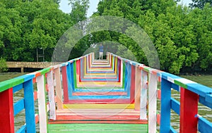 Amazing Rainbow Boardwalk Bridge on Thailand Bay, Samut Sakorn Province, Thailand