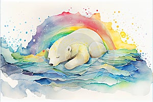 Amazing rainbow white baby polar bear cub sleeping on melting ice iceberg