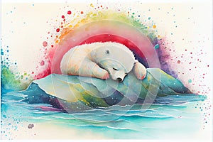 Amazing rainbow white baby polar bear sleeping on melting ice iceberg