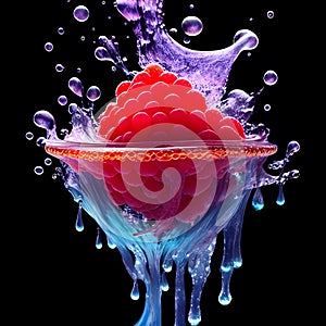 Amazing Raspberry with water splash and drops, generative ai