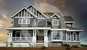 Amazing Real Estate Home House Maison Grey Siding Exterior Sunset Sky Background