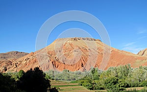 Amazing red mountain and green froest at the bottom