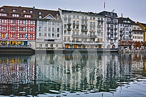 Amazing reflection of old town in The Reuss River, Luzern, Switzerland