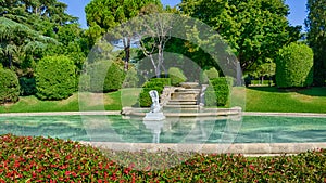 Amazing round central fountain in park of Pedralbes Barcelona, Spain