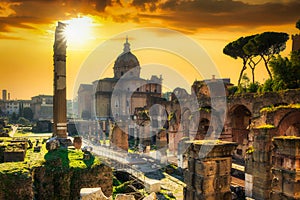 Amazing ruins of the Roman Forum at sunset, Rome. Italy