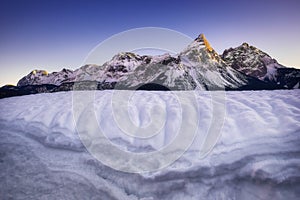 Amazing scene of Sonnenspitze mountain. Typical winter scene near Ehrwald, Tirol, Austria.