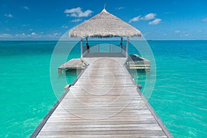 Amazing scenery, Maldives paradise background concept. Wooden water bungalow or hut with infinity sea view. Summer vacation