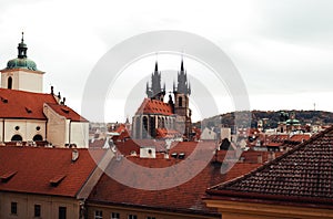 Amazing scenic view of rooftops and Church of Our Lady before Tyn in Prague, Czech Republic - autumn season.