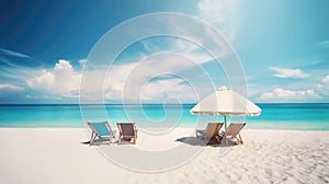 Amazing sea landscape, romantic paradise, Holidays background. Four beach lounge chairs under tent on beach. Generative AI