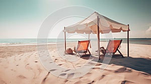 Amazing sea landscape, romantic paradise, Holidays background. Two beach lounge chairs under tent on beach. Generative AI