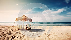 Amazing sea landscape, romantic paradise, Holidays background. Two beach lounge chairs under tent on beach. Generative AI