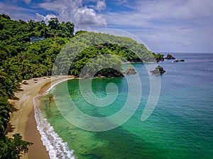 Amazing seabird aerial view of a tropical beach, palm trees, blue sky, calm sea, beautiful day