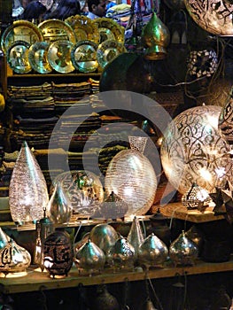 Amazing Shining lanterns in khan el khalili souq market with Arabic handwriting on it in egypt cairo photo