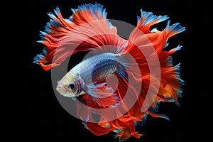 Amazing siamese fish with flower tail and fins. Colorful floral fighting betta fish isolated on black