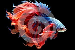 Amazing siamese fish with flower tail and fins. Colorful floral fighting betta fish isolated on black