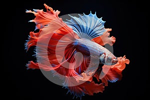 Amazing siamese fish with flower tail and fins. Colorful floral fighting betta fish isolated on black