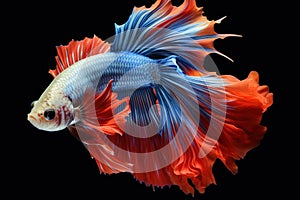 Amazing siamese fish with flower tail and fins. Colorful floral fighting betta fish isolated on black