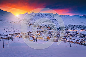 Amazing ski slopes and resort at sunrise, Rhone Alps, France