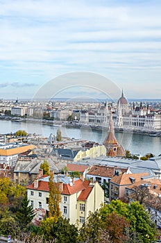 Amazing skyline of Budapest, Hungary. Hungarian Parliament Building, Orszaghaz, in the background on the other side of the Danube photo