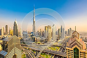 Amazing skyline cityscape with modern skyscrapers. Downtown of Dubai at sunny day, United Arab Emirates