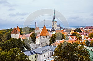 Amazing skyline of Tallinn, the capital of Estonia, with dominant St. Olaf`s Church, a Baptist church. The historical old town