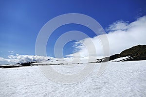 Amazing snow and rock landscape on FimmvÃ¶rduhals mountain pass, Iceland