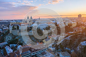 Amazing snowy aerial panoramic view of VeszprÃÂ©m downtown