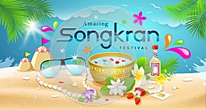 Amazing Songkran Festival summer of Thailand on sea background