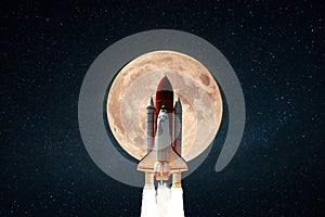 Amazing space shuttle rocket with blast successfully takes off into the starry sky with a big full moon. The beginning of the
