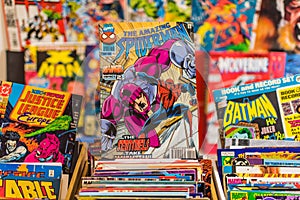 Spiderman comic book on display at a shop
