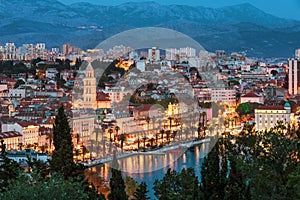 Amazing Split city waterfront panorama at blue hour, Dalmatia, Europe. Roman Palace of the Emperor Diocletian and tower of Saint