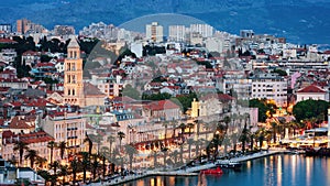 Amazing Split city waterfront panorama at blue hour, Dalmatia, Europe. Roman Palace of the Emperor Diocletian and tower of Saint